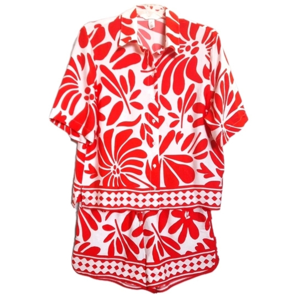 HM Red White Floral Pattern Loose Fit Short Sleeve Twill Top Drawstring Shorts L - Picture 12 of 12